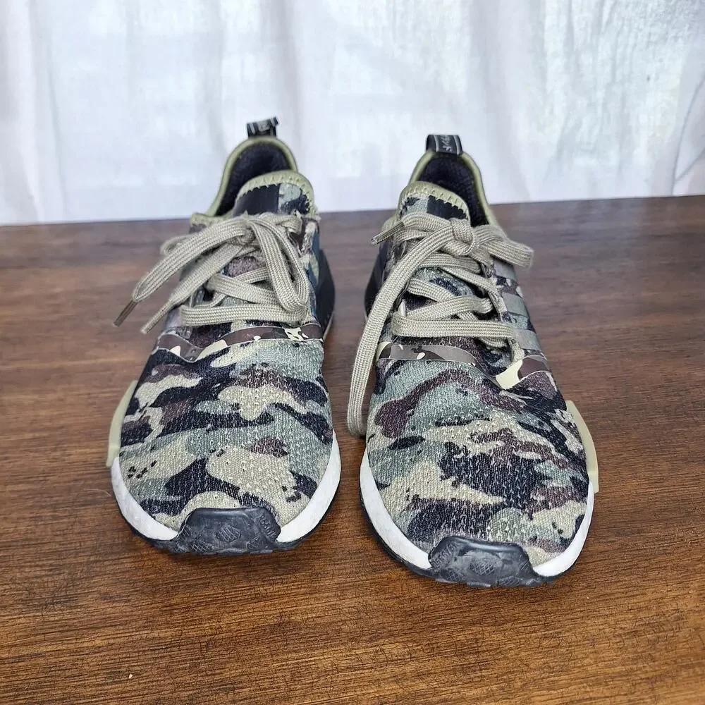 Adidas NMD_R1 Cargo Camo sneakers in woodland camo print iridescent stripes 7.5